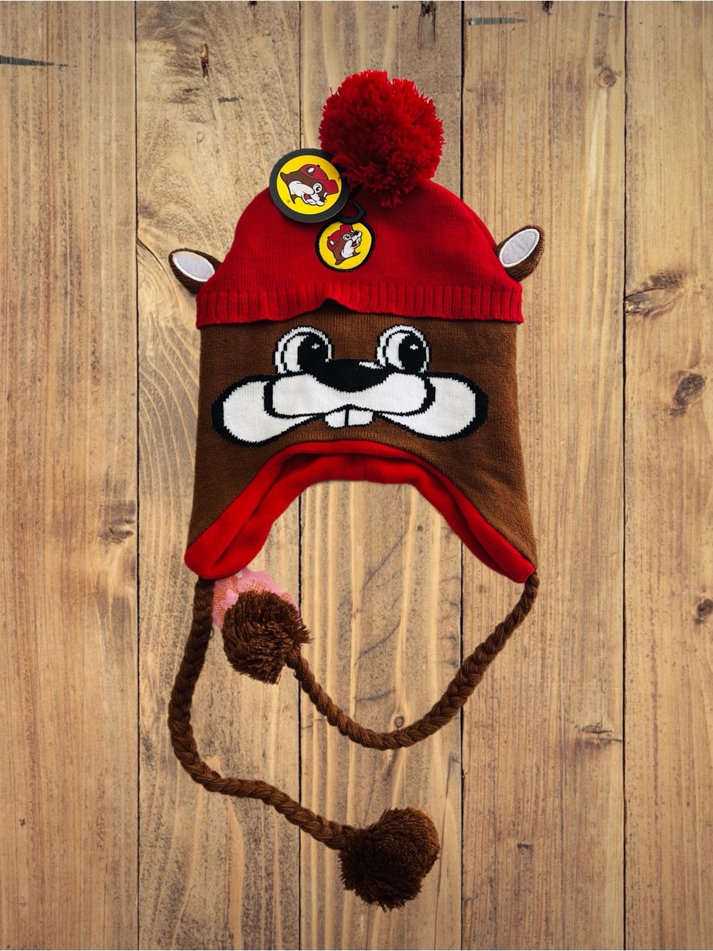 NWT Buc-ee's Beaver Face Peruvian Beanie Earflap Hat Pom Pom